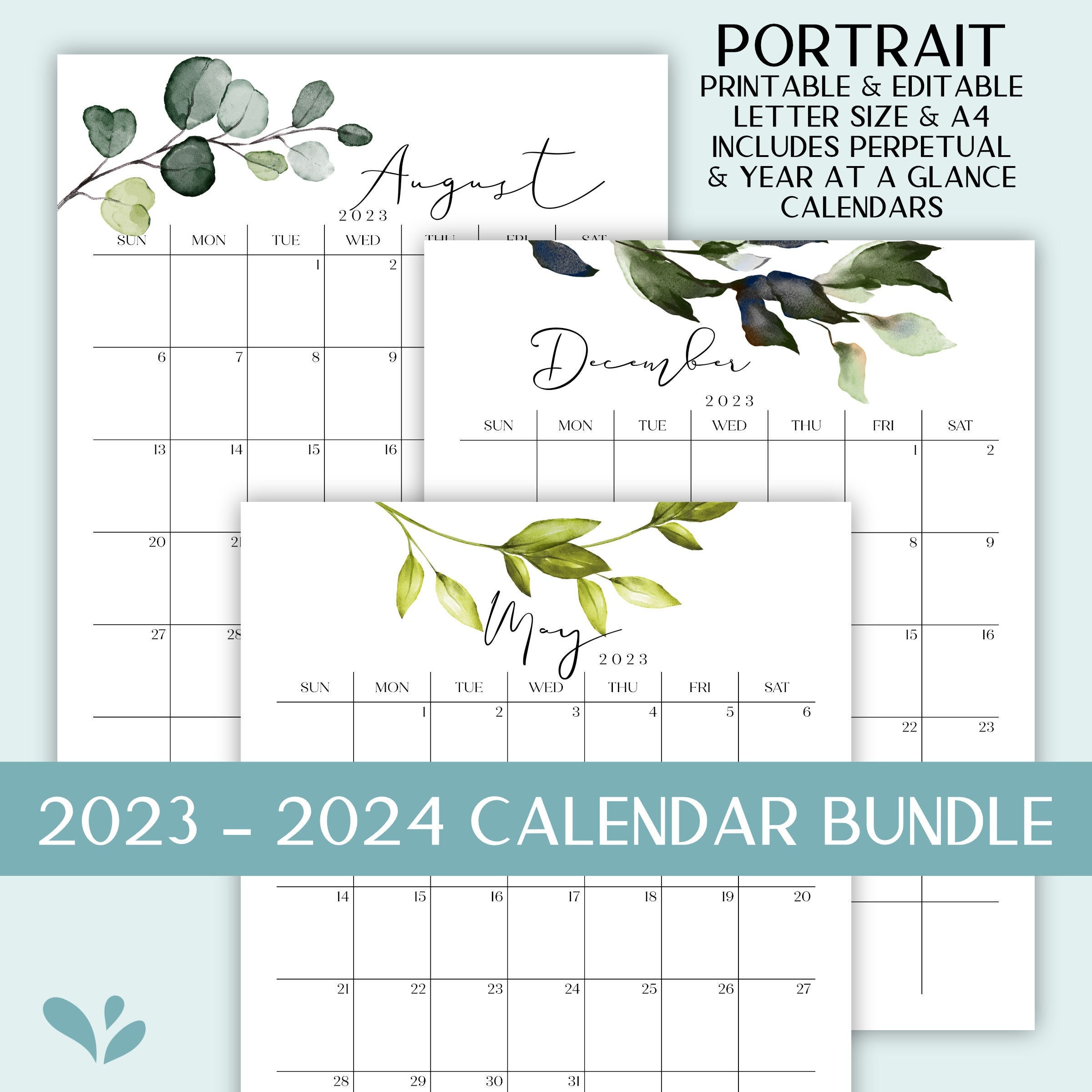 Editable Printable 2023 2024 Calendar Bundle with Perpetual Calendar