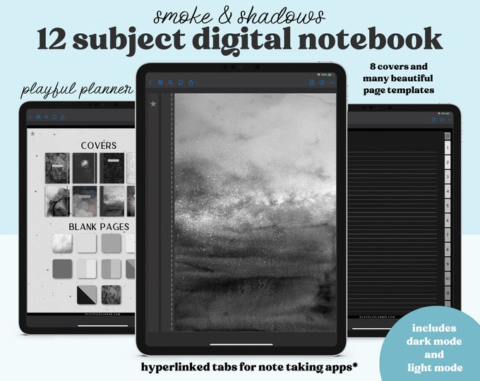 12 Subject Digital Notebook with Hyperlinked Tabs, 14 Note Page Templates, Dark Mode and Light Mode