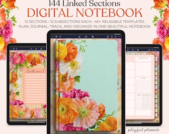 Digital Notebook | 144 Sections | 40+ Templates, Trackers, and Checklists | iPad Journal | Hyperlinked PDF