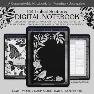 May include: Digital notebook displayed on three tablets. The central tablet shows a black cover with white floral and bird illustrations. The text reads "DIGITAL NOTEBOOK" and "144 Linked Sections". The notebook offers light and dark modes.