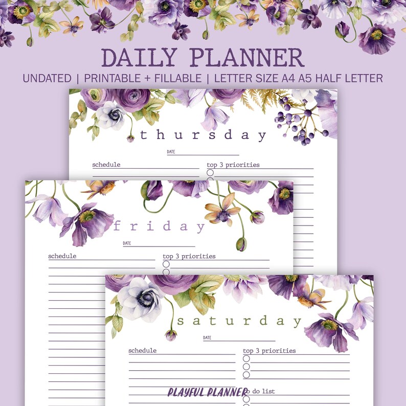 Purple Daily Planner Printable: Fillable PDF, A4 A5 Letter Sizes ...