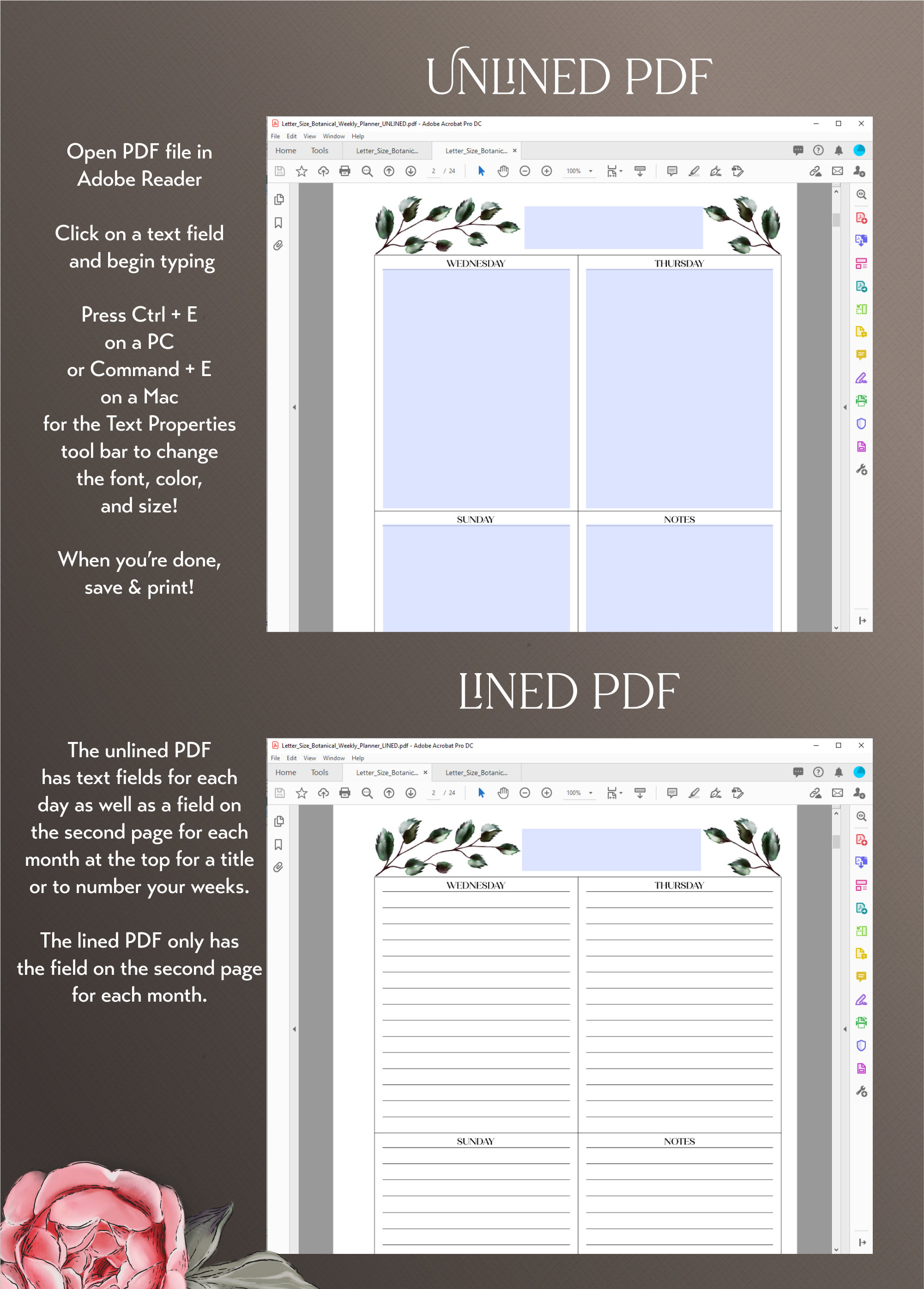 Botanical Weekly Planner Printable: Undated A5 A4 Letter (editable PDF ...
