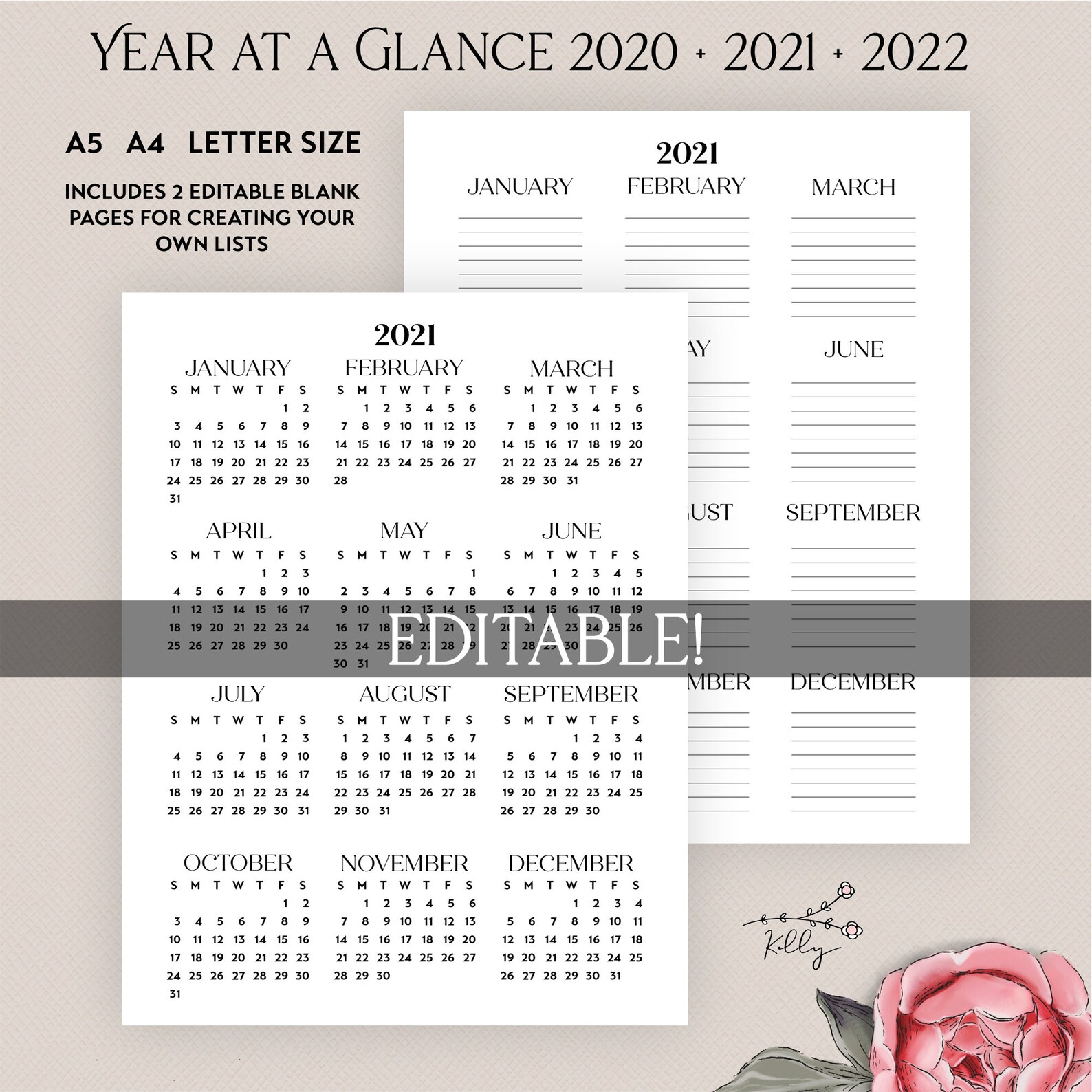 2021 2022 calendar bundle printable editable portrait etsy