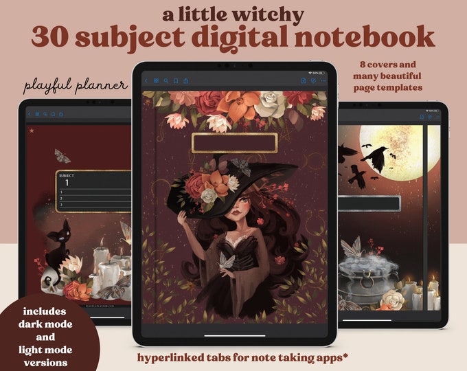 30 Subject Digital Notebook with Hyperlinked Tabs, 14 Note Page Designs, 8 Witchy Covers, Dark Mode & Light Mode Included