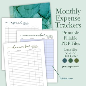 Seguimiento de gastos imprimible Hoja de trabajo de gastos en formato PDF rellenable Pago mensual Metas financieras Plan de presupuesto de dinero A4 A5 Tamaño carta mitad