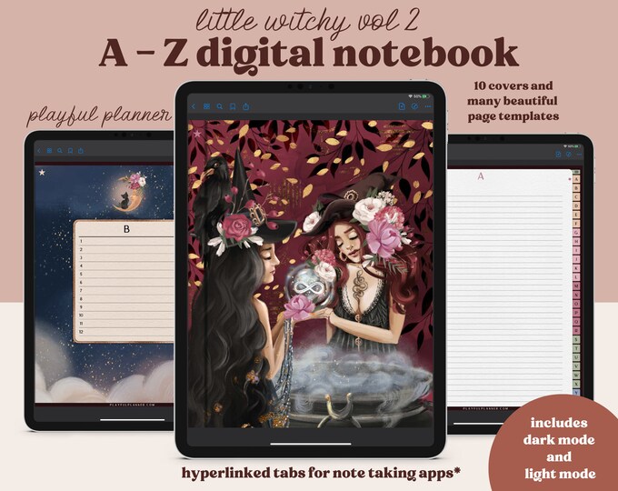 A to Z Alphabet Digital Notebook with Hyperlinked Tabs, Lined Pages, 10 Witchy Magical Covers, Dark Mode & Light Mode