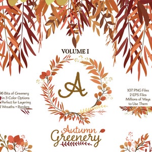 Grün Clipart | Herbst Blätter ClipArt | Herbst Blatt Kranz, Botanik für Briefpapier, Hochzeit lädt und Produkte | Greenery ClipArt