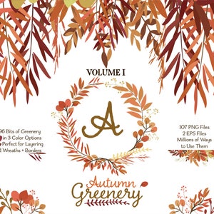 Greenery Clipart Autumn Leaves ClipArt Fall Leaf Wreath, Botanicals for Stationery, Wedding Invites, and Products Greenery Clip Art image 1