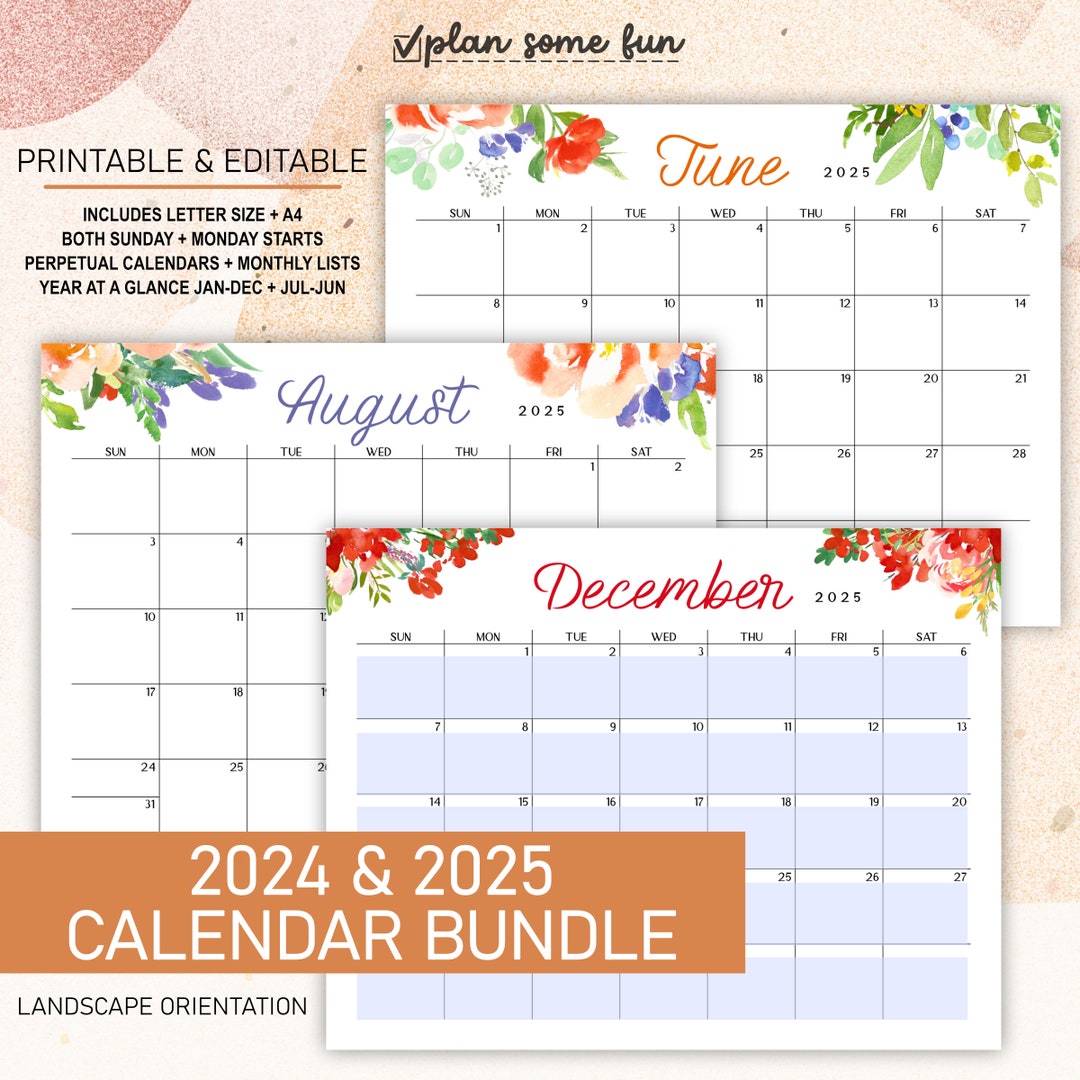 2024 2025 Printable Editable Calendar Bundle Includes Monthly Calendars ...