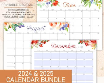 2024 2025 Printable Editable Calendar Bundle includes Monthly Calendars, Perpetual Calendar and Year at a Glance in A4 & Letter Size