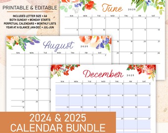 2024 2025 Printable Editable Calendar Bundle includes Monthly Calendars, Perpetual Calendar and Year at a Glance in A4 & Letter Size