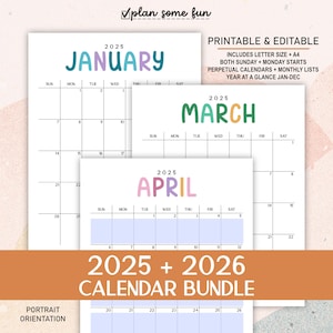 Calendario imprimible 2025-2026, calendarios mensuales editables en formato vertical, calendarios perpetuos y resumen del año en tamaño carta A4