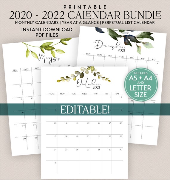 Editable Printable 2020 2021 2022 Calendar Bundle With Etsy 2021 perpetual calendar