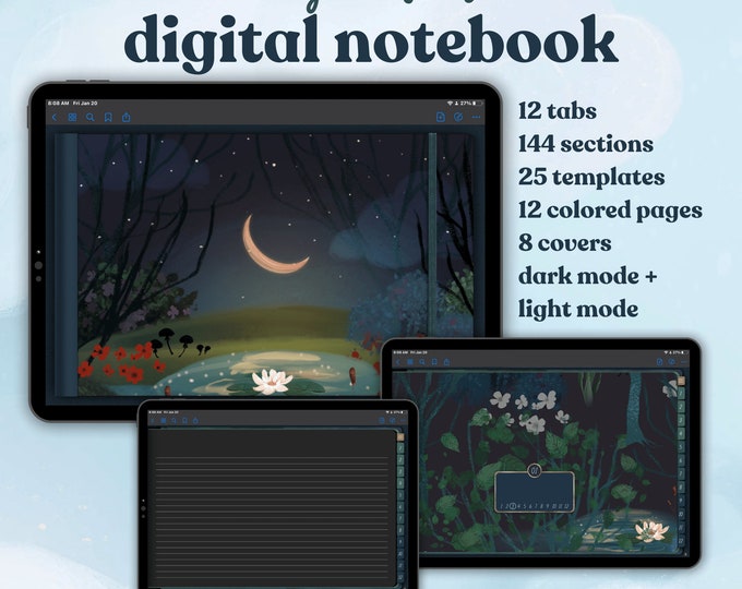12 Subject Landscape Digital Notebook with 144 Sections, 25 Note Page Designs, Dark Mode and Light Mode, Moonlit Night Forest Theme