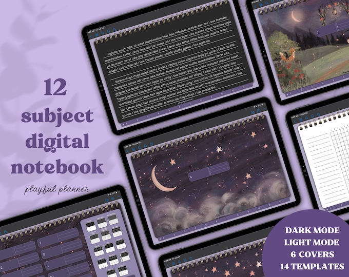 12 Subject Landscape Digital Notebook with Hyperlinked Tabs, 14 Note Page Designs, Dark Mode & Light Mode in Fairy Forest theme