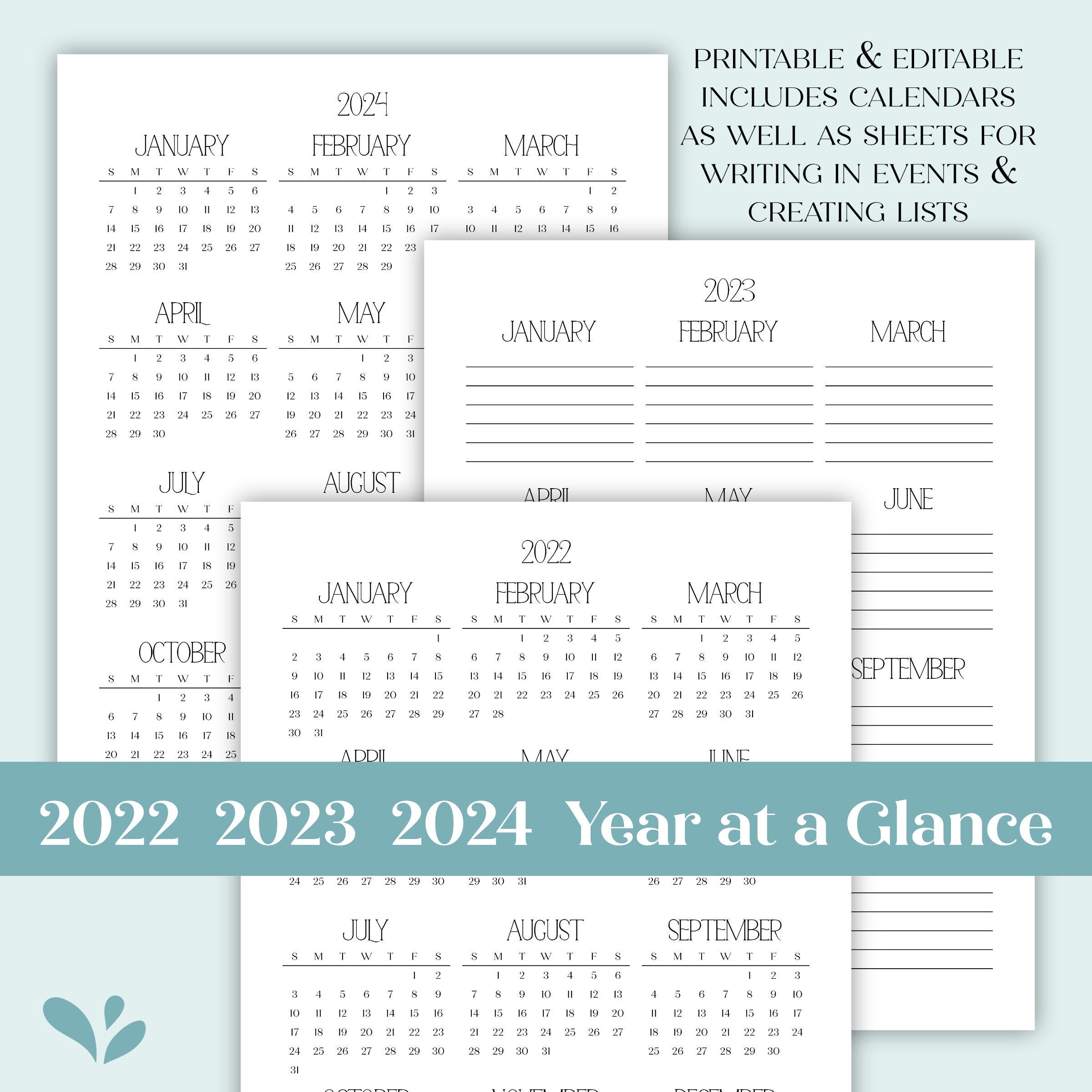 2022 2023 2024 Year at a Glance Minimalist Editable Printable Yearly  Calendar