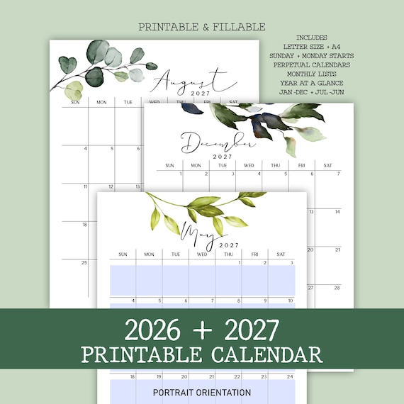 2026-2027 Botanical Calendar Bundle: Printable Monthly Planners (Editable PDF Digital Download)