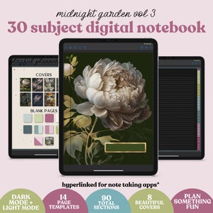 May include: Digital notebook with a floral design. The cover features a large white peony against a dark green background. The notebook includes 30 subjects, 14 page templates, 90 sections, and 8 covers. It is hyperlinked for note-taking apps and offers dark and light modes.