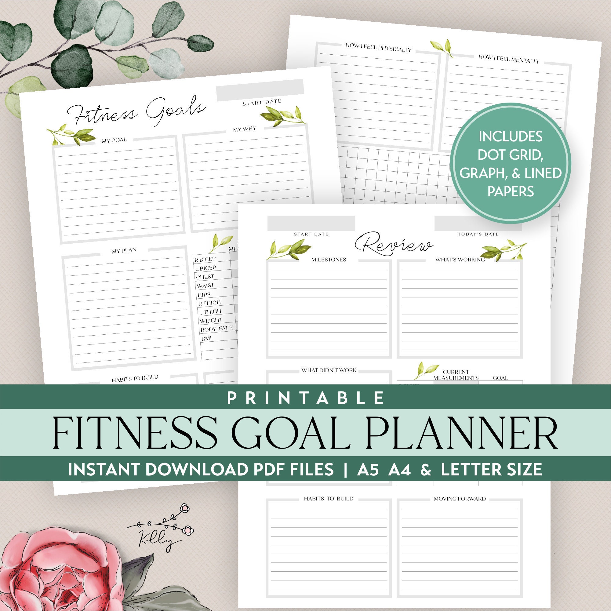 Fitness Goal Planner Printable Insert includes in sizes A5 A4 & Letter
