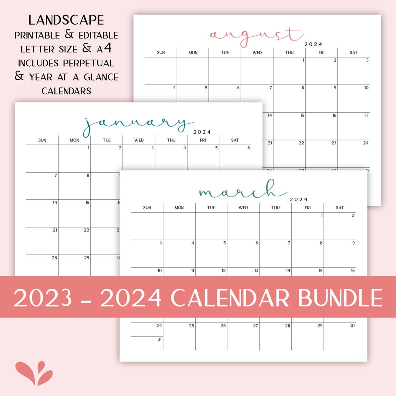 Printable Editable 2023 & 2024 Landscape Monthly Calendar image 1