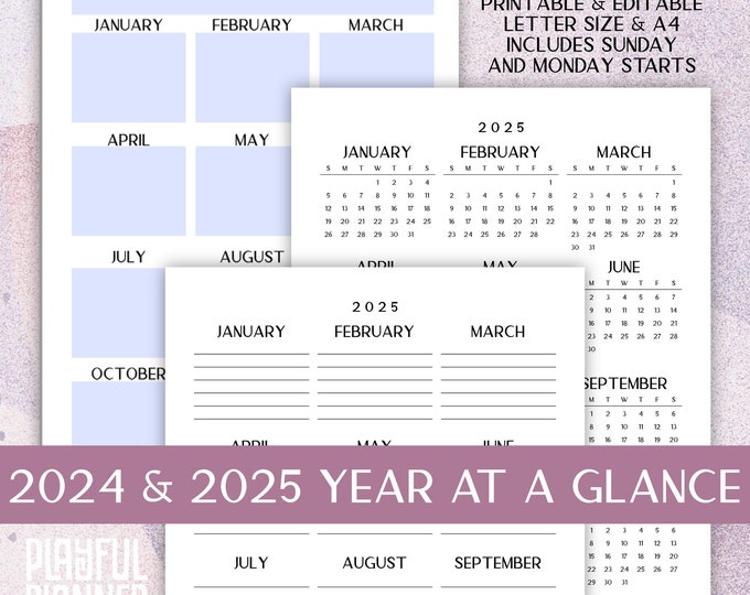 2023 2024 2025 Year at a Glance Editable Printable Yearly Agenda, Letter Size and A4 with Sunday and Monday Starts