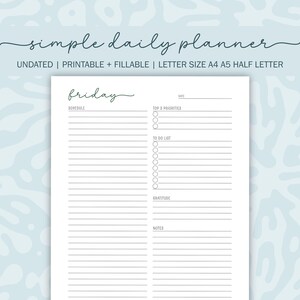 Planificador de 7 días imprimible, PDF rellenable, plan diario sencillo, lista de gratitud, horario de trabajo, planificador personal, diario 365, tamaño carta A4, A5, media página