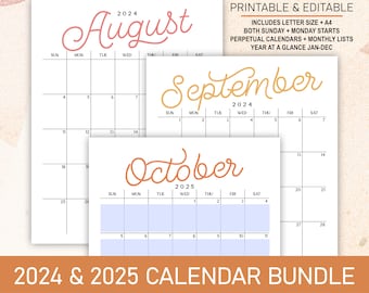 2024 2025 Calendar Bundle | Printable Editable Portrait Monthly Calendars, Perpetual Calendars, & Year at a Glance in A4 Letter Size