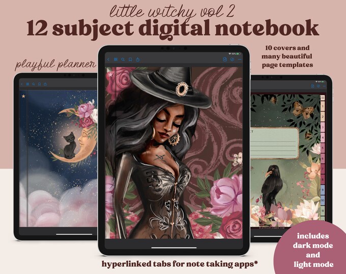 12 Subject Witchy Digital Notebook with Hyperlinked Tabs, 14 Note Page Designs, Dark Mode, Designed with Magic, Moonlight, Cats & Cauldrons