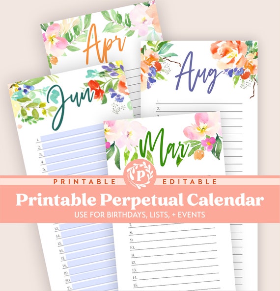 Printable Perpetual Calendar Editable Text Fields Birthday | Etsy
