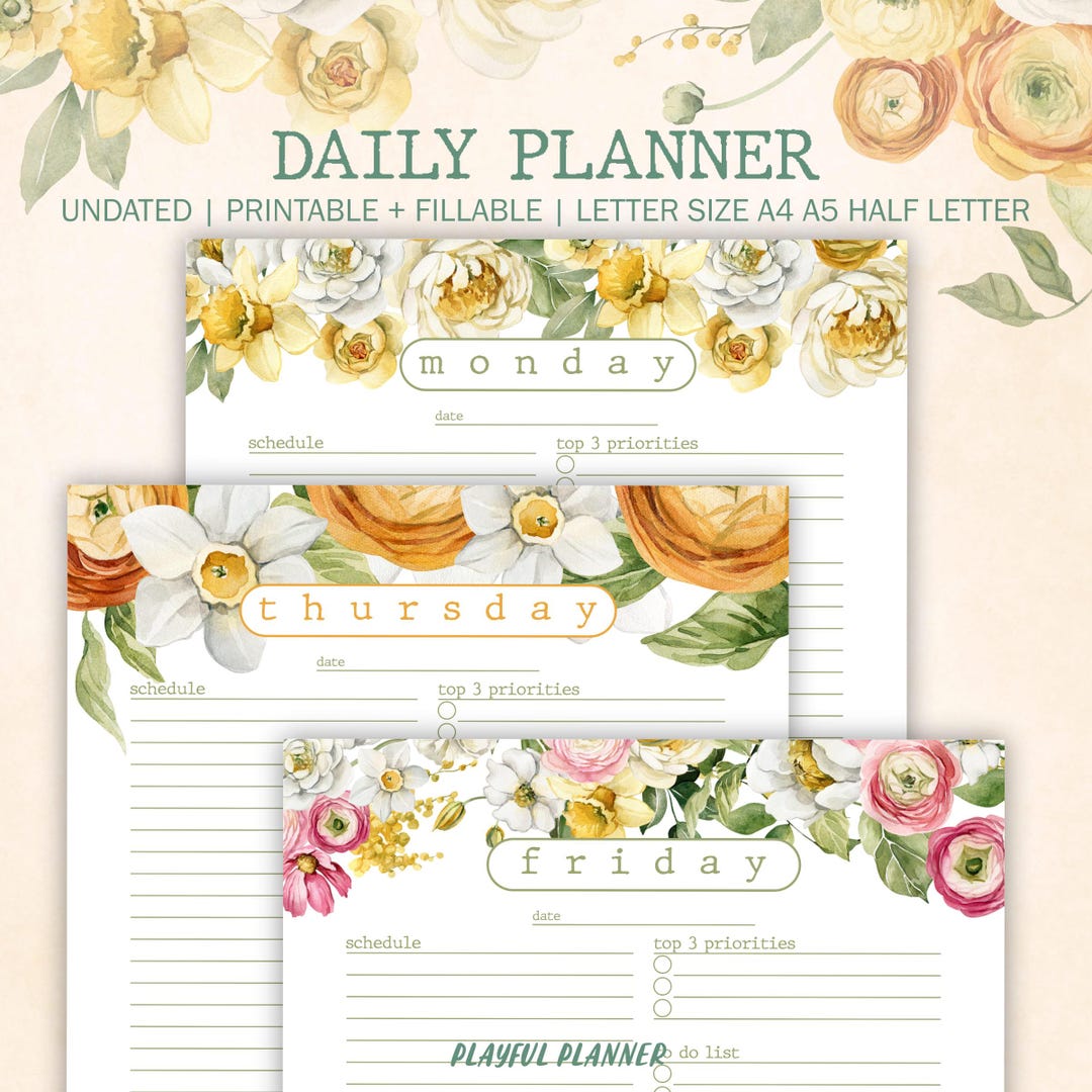 Floral Daily Planner Printable: Fillable PDF, A4 A5 Letter Sizes ...