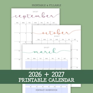 2026-2027 Kalender-Bundle: Druckbare monatliche Porträtkalender (bearbeitbarer PDF-Download