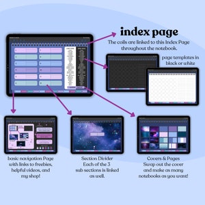 12 Subject Landscape Digital Notebook in Dark Mode & Light Mode with Hyperlinked Tabs, 8 Galaxy Covers, 30 Templates, and 29 PNG Inserts image 4