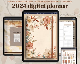 2024 Boho Dated Digital Planner includes Weekly & Daily Pages, Goals, Finance, Health, and Notes Sections, 8 Cover Designs | Portrait