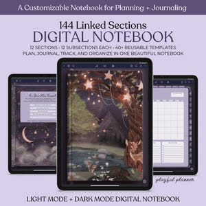May include: Three digital notebooks displayed on tablets. The central tablet shows a nature scene with a deer, a stream, and a starry sky. Text at the top reads "A Customizable Notebook for Planning + Journaling". The text also says "DIGITAL NOTEBOOK".