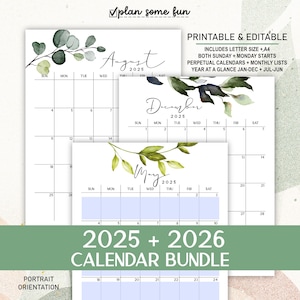 Paquete de calendarios 2025 y 2026: calendarios mensuales, perpetuos y de resumen del año para imprimir y editar