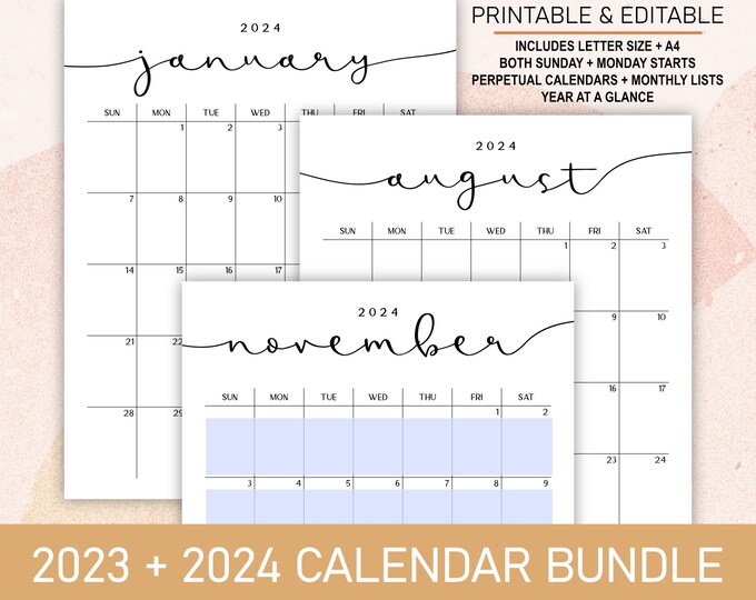 2023 + 2024 Calendars | Printable Editable Portrait Monthly Calendars | Year on One Page and Academic Calendar in A4 Letter Size