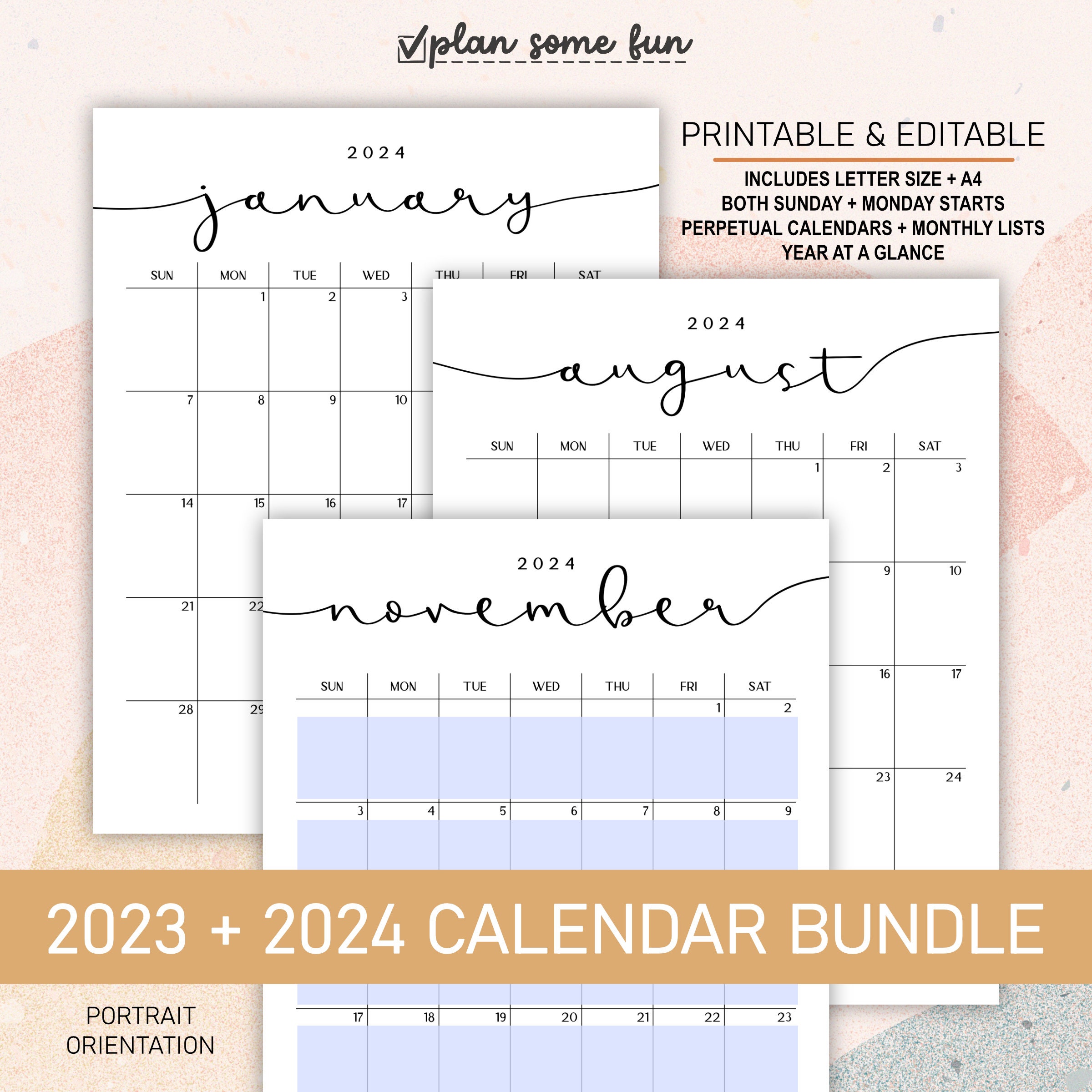 2023 2024 Calendars Printable Editable Portrait Monthly Calendars