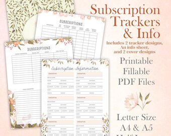 Könnte beinhalten: Druckbare Abonnementstracker und Informationsblätter mit floralen Designs. Enthält zwei Tracker-Designs, ein Informationsblatt und zwei Cover-Designs. Erhältlich in den Formaten Letter, A4, A5 und Half Letter.