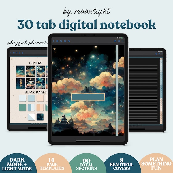 Digital Notebook Dark Mode 30 Tabs, 14 Note Page Designs, 8 Celestial Space Digital Covers, Dark Mode & Light Mode | BMDC1