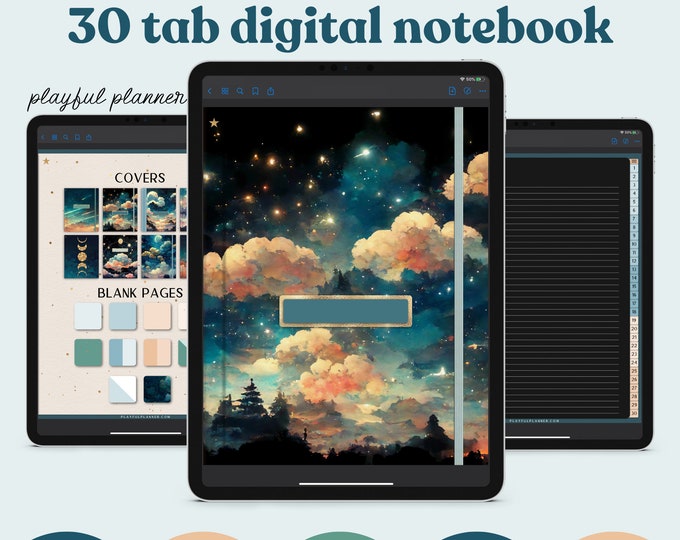 Digital Notebook Dark Mode 30 Tabs, 14 Note Page Designs, 8 Celestial Space Digital Covers, Dark Mode & Light Mode | BMDC1