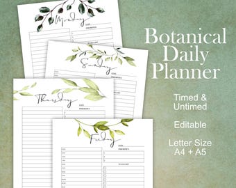 May include: Four printable daily planner pages with a botanical theme. The pages are titled "Monday", "Sunday", "Thursday", and "Friday". Each page has a space for the date, priorities, and a to-do list. The pages are decorated with watercolor illustrations of green leaves.