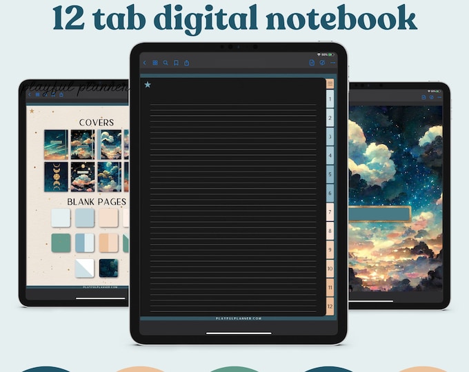 12 Tab Digital Notebook in Dark Mode and Light Mode with 14 Note Page Templates, 8 Dreamy Moonlight Covers, Fully Hyperlinked | BMDC1