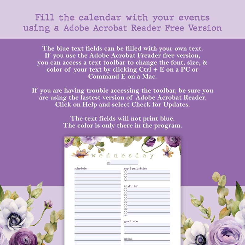Purple Daily Planner Printable: Fillable PDF, A4 A5 Letter Sizes ...