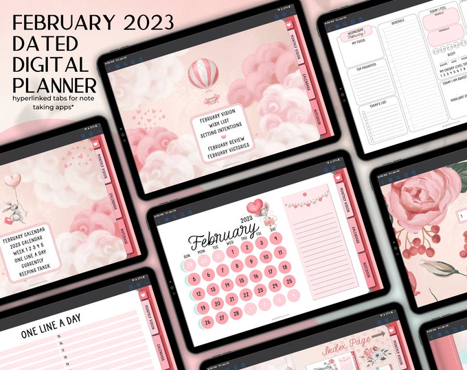 February 2023 Digital Planner with Valentine Design and bonus Stickers | Includes Sunday and Monday Start Planners