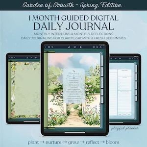 Pode incluir: Três tablets digitais exibindo um diário digital. O tema do diário é "Garden of Growth - Spring Edition" e inclui seções para intenções e reflexões mensais. Os tablets mostram uma cena de jardim e as palavras "Planting New Dreams".