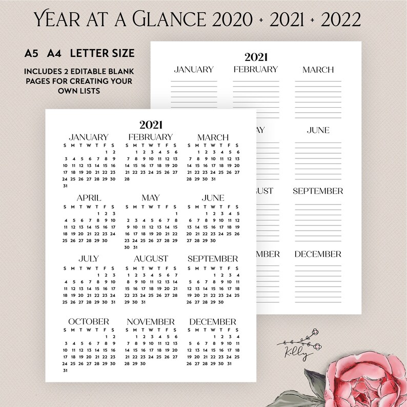 2020 2021 2022 year at a glance editable printable yearly etsy