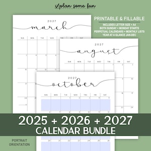 Calendários mensais 2025, 2026 e 2027 | Imprimíveis e editáveis | Orientação retrato | Calendários anuais em uma página e acadêmicos em tamanho A4 e Carta