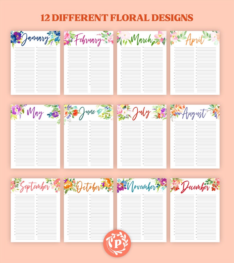 Printable Floral Perpetual Calendar Editable Birthday Etsy