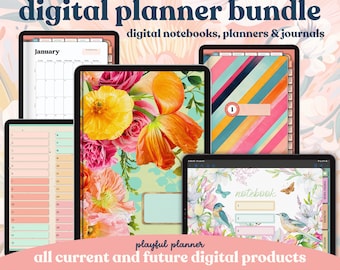 Digital Planner Lifetime Bundle | Daily Journal | Dated + Undated Planners | A-Z Notebooks | Portrait and Landscape Covers | Stickers