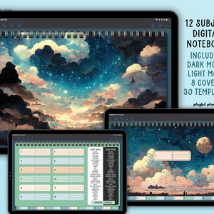 May include: A digital notebook app on a tablet screen with a starry night sky background. The app includes 12 subjects, dark and light modes, 8 covers, and 30 templates. The text "12 SUBJECT DIGITAL NOTEBOOK" is displayed in the top right corner of the screen.